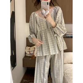 跨境专供新款睡衣女韩系复古花色简约舒适套装休闲宽松家居服批发