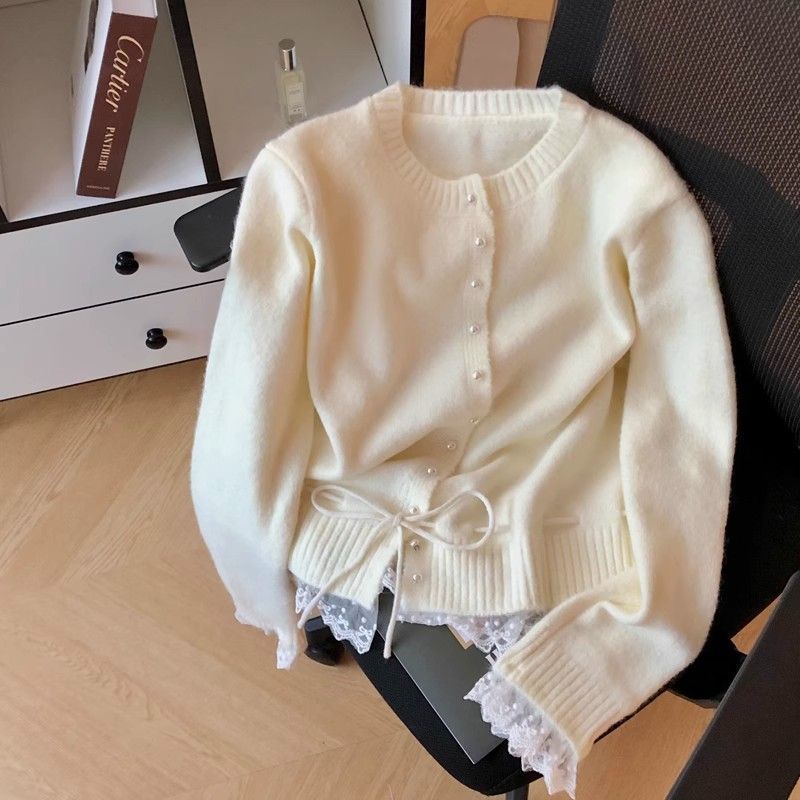 蕾丝花边系带韩系穿搭收腰毛衣女秋季新款时尚减龄遮肚针织衫上衣|undefined