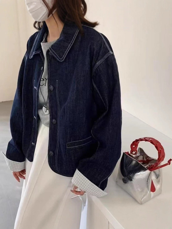 港风格子拼接娃娃领牛仔外套女短款2025春秋季小个子休闲立领上衣|undefined
