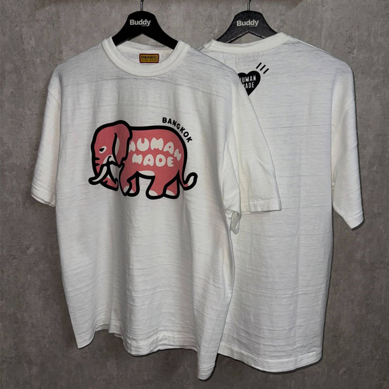 Human26 New Bamboo Cotton Round Neck Elephant Print Casual Short-Sleeved T-Shirt for Men and Women Loose Half-Sleeved Top Summer Trend