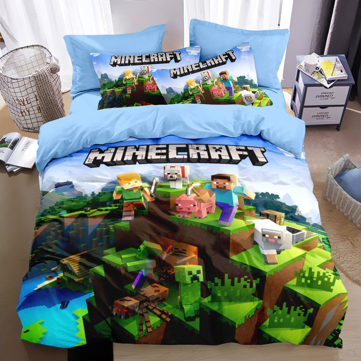 Minecraft Pure Cotton Quilt Cover Four-Piece Set Boy's Quilt Cover Bed Sheet Student Dormitory Cotton Kidsren's Bedding Three-Piece Set
