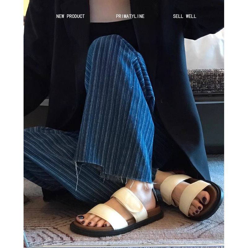 羊皮版！小眾涼拖鞋女夏外穿厚底復古海邊沙灘拖鞋一字涼鞋休閒鞋