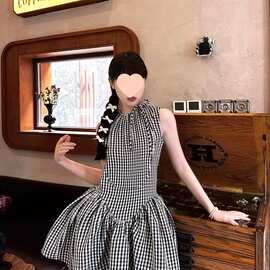 【带安全裤】花一格纹无袖蓬蓬短款娃娃裙少女感减龄连衣裙图片色