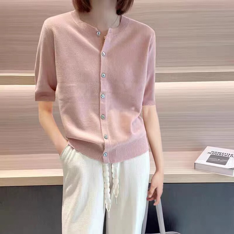 Elegant all-match loose thin wool knitted short-sleeved cardigan women's summer solid color round neck half-sleeve T-shirt top