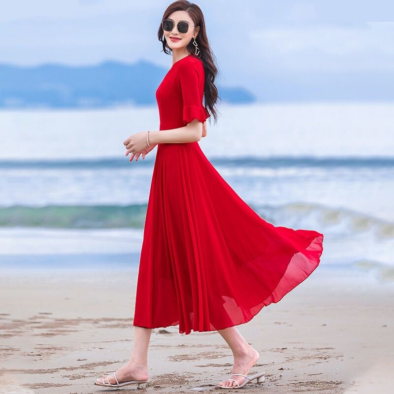 Super Fairy New Style Beach Long Chiffon Dress for Petite Women, Elegant Long Red Dress with a Large Hem for Summer 2026