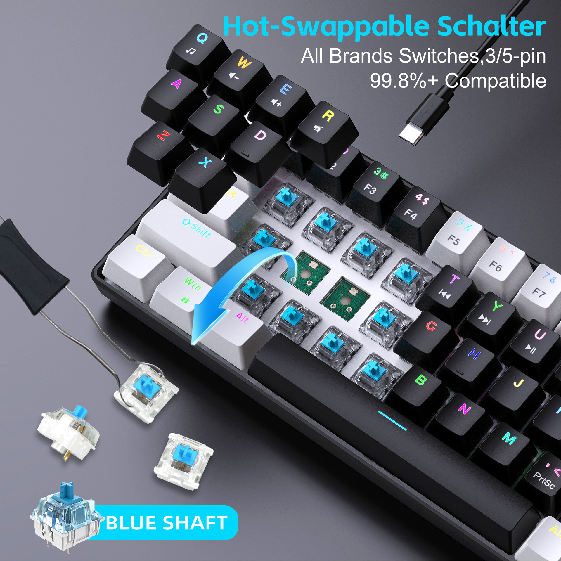 Neue kabelgebundene mechanische Tastatur mit 68 Tasten in Weiß und Schwarz, RGB-Hintergrundbeleuchtung, unterstützt Makroprogrammierung und hat abnehmbare blaue Schalter._voghion.com