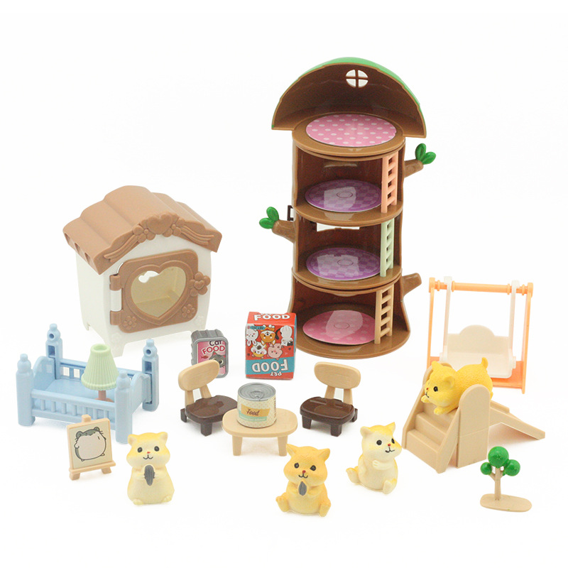 Niños transfronterizos mascotas juegos de la casa juguetes dibujos animados gato perro hámster modelo decoración dinosaurio árbol casa traje de campamento lote