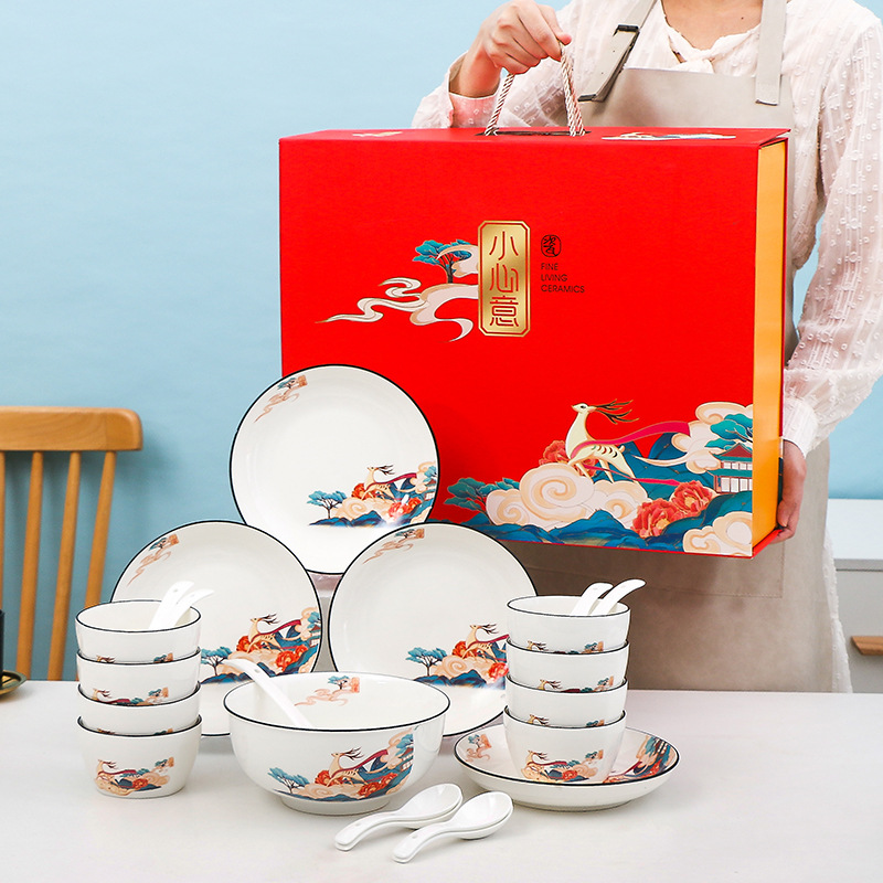 Estilo de paleta nueva marca china caja de regalo de cerámica de estilo chino tazón palillos con mano caja de regalo de marca china