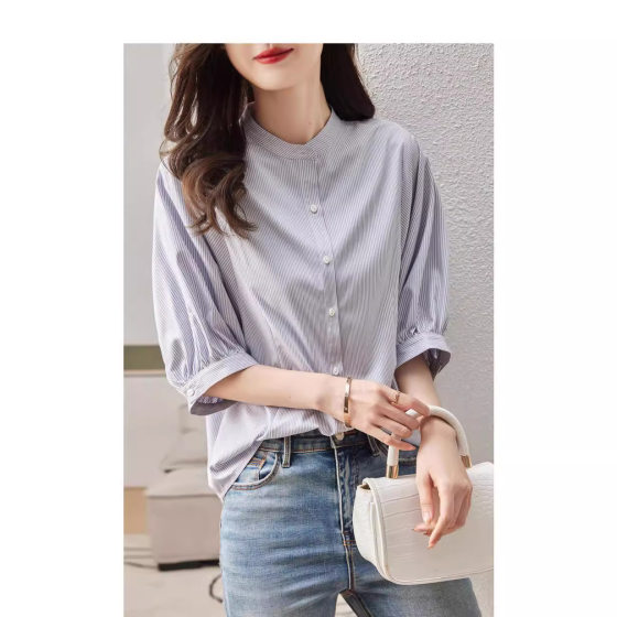 2024 Summer New Arrival Collar Half Sleeve Casual Elegant Striped Shirt Women's Short Sleeve Loose Thin Round Neck Shirt