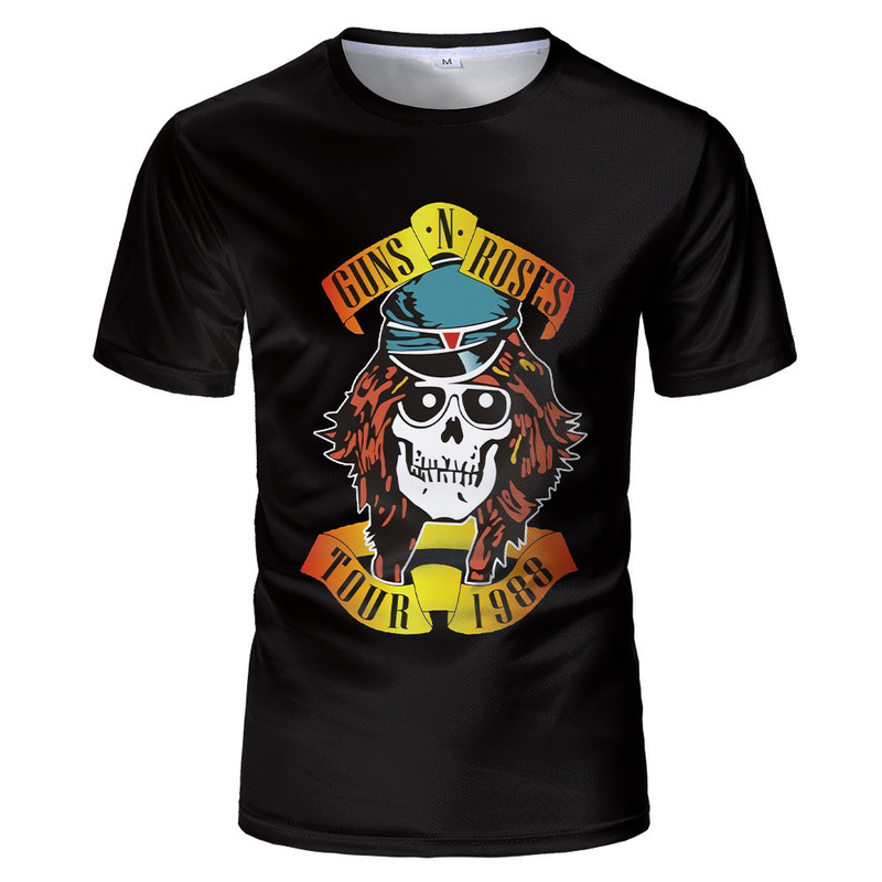 Spring and Summer European and American Aliexpress Cross-Border Band Guns and Roses Music Skull 3D Cotton Women's T-Shirt Men