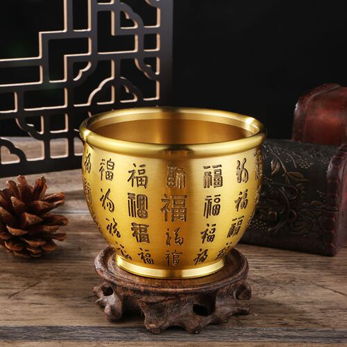 Brass cornucopia to recruit rice and Baifu cylinder to bring wealth into the treasure, carved relief office lettering ornaments, metal handicraft bowl