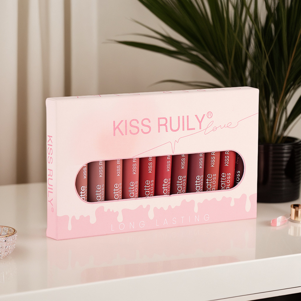 Cross-border Makeup 12-piece matte non-stick cup lip gloss set, European and American style liquid lipstick velvet waterproof lip gloss for export full figure