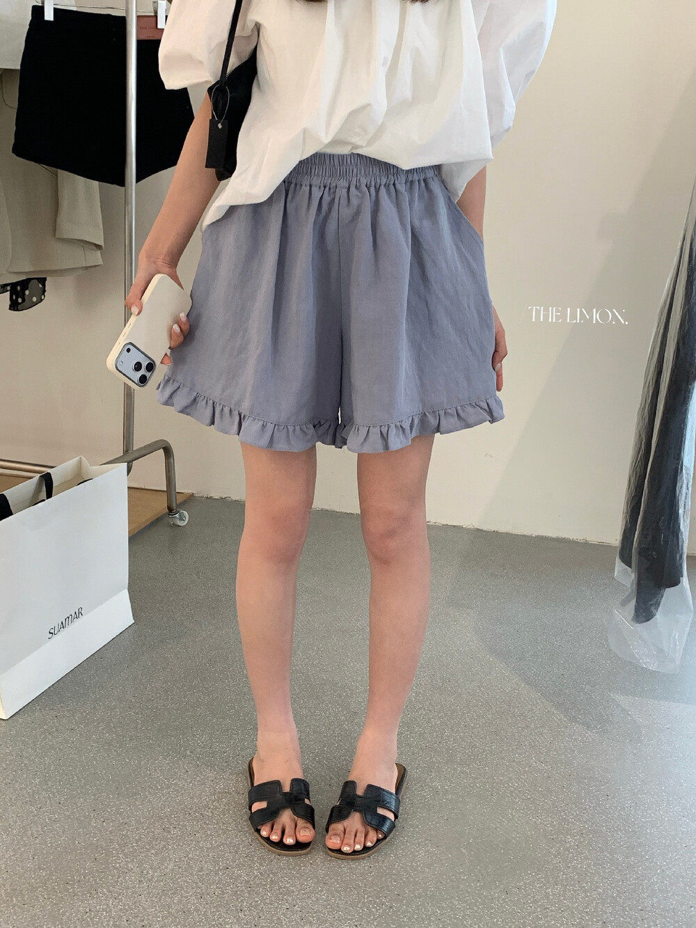 Quần short nữ cạp chun ống rộng chất liệu linen phối viền ren — màu sắc, xanh lam, Màu cà phê, màu hồng chi tiết 19