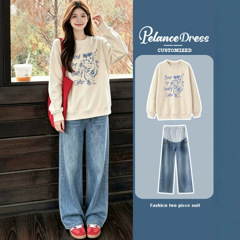 Maternity outfit set 2026 spring/autumn Korean style cat print long-sleeve sweatshirt and wide-leg jeans that don't show pregnancy Maternity outfit set 2026 spring/autumn Korean style cat print long-sleeve sweatshirt and wide-leg jeans that don't show pregnancy