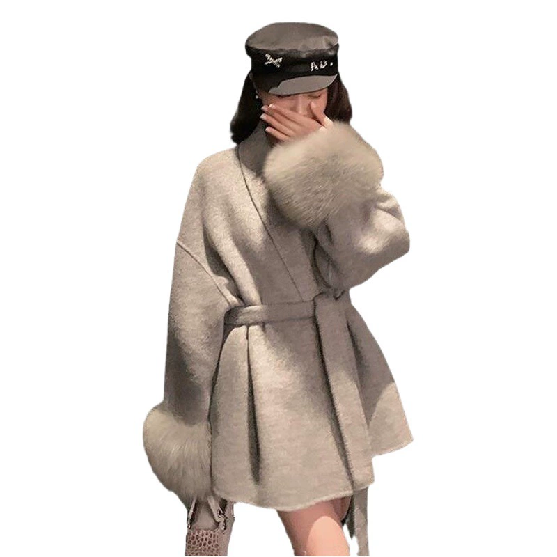 Двустороннее кашемировое пальто Night and Dublin для женщин с накидкой из меха лисы, шерстяная куртка в корейском и японском повседневном стиле