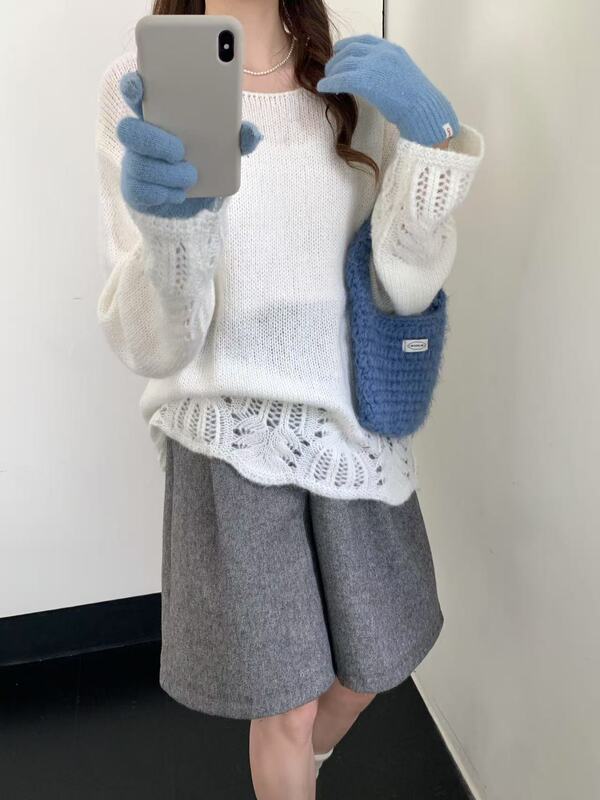 初秋镂空韩系薄款钩花毛衣女2025秋季新款宽松洋气慵懒感长袖上衣|undefined