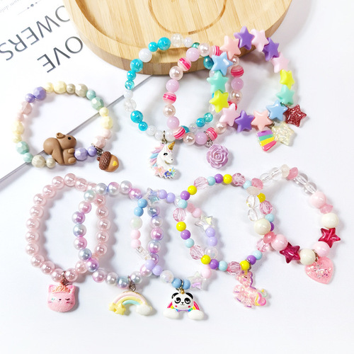 Children's Cute Beaded Bracelet, Cartoon Pearl Hand Chain, Cartoon Rainbow Unicorn Bead Jewelry for Girls