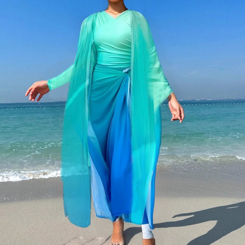 2025 European and American Swimwear for Women Cross-Border Aliexpress Long-Sleeved Loose Gradient Color Conservative Beach Sun Protection Clothing