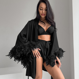 2024 European and American Autumn Loose Comfortable Feather Sleeve Home Clothes Underwear Shorts Nightgown Three-piece Pajamas Women's Cross-border