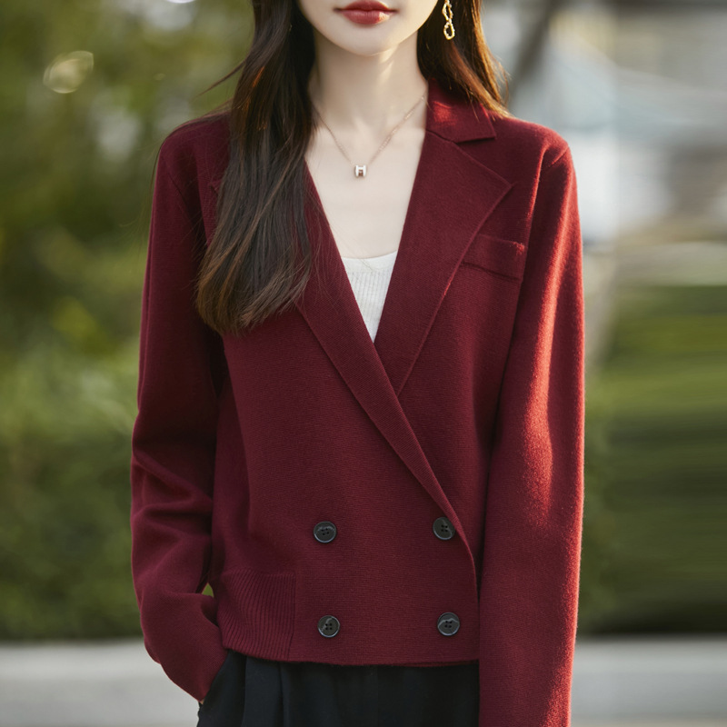 Z翻领西装羊毛外套女秋冬新款外搭上衣小西服宽松纯色长袖针织开