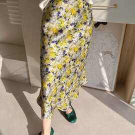 26夏季法式浪漫复古油画印花高腰显瘦包臀鱼尾裙桑蚕丝长裙126