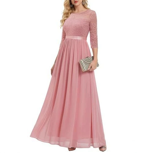 New Cross-Border Evening Dress with Lace Top, Chiffon Flared Skirt, Three-Quarter Sleeves, Waist-Cinching Design, Suitable for Toasting and Choir Performances