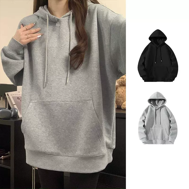 匠一跨境 灰色加绒连帽卫衣女 2025早秋新款慵懒风宽松显瘦外套潮