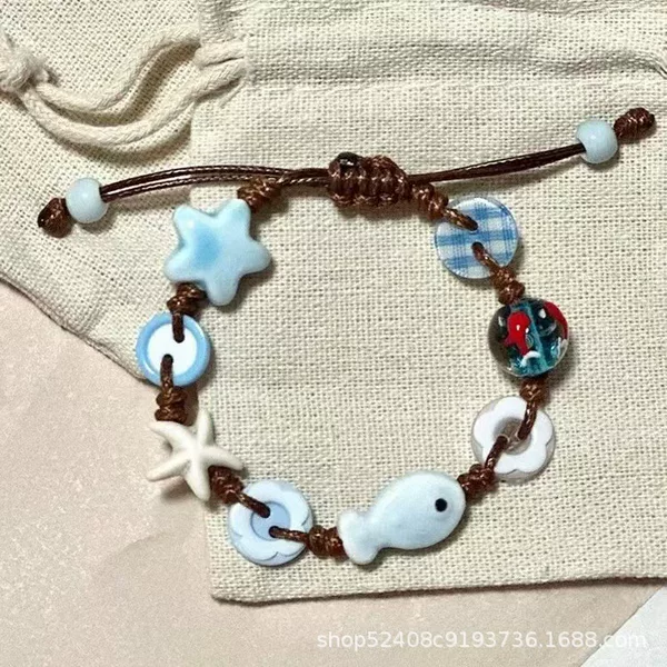 light blue Star Fish Checkerboard Button Woven Bracelet 2024 New Holiday Style Seaside Fresh Jewelry