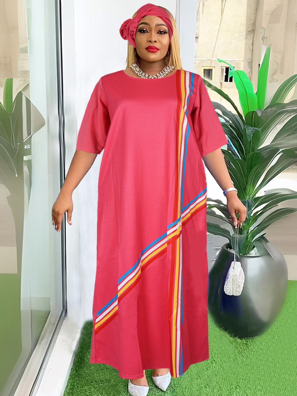 AliExpress Amazon Cross-border Source African plus size European and American Women's Color Striped dress with Headscarf