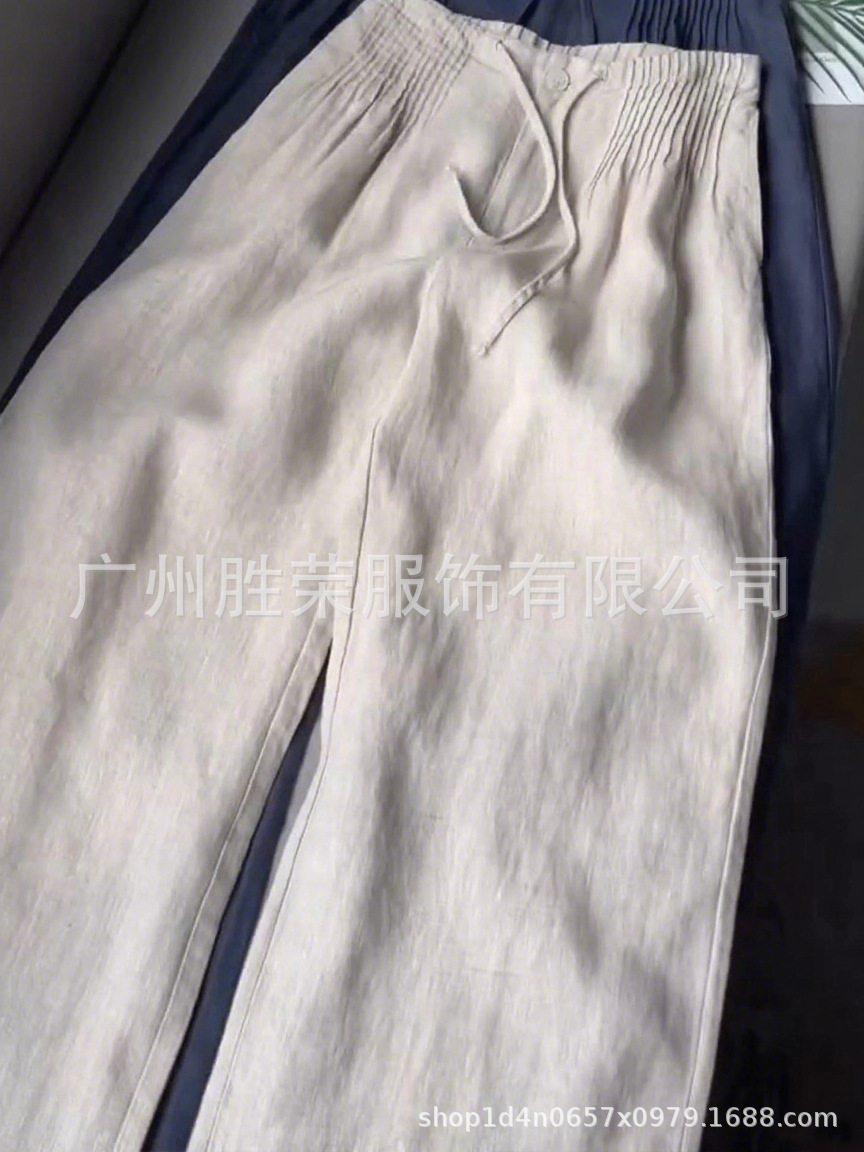 现货新款跨境外贸欧美女装时尚气质休闲纯色百搭抽绳纽扣直筒长裤