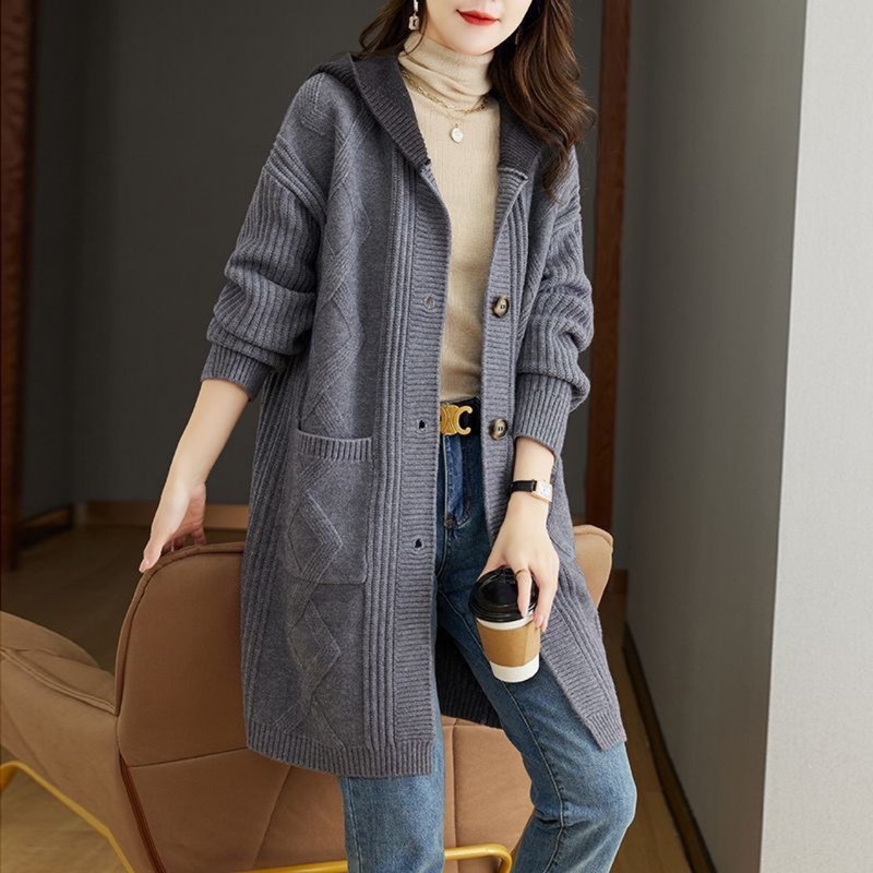 秋冬の帽子の中の長いニットのセーターの女性のゆったりしているファッションの厚いセーターのコートの新型の衝突色のパーカーのカーディガン|undefined