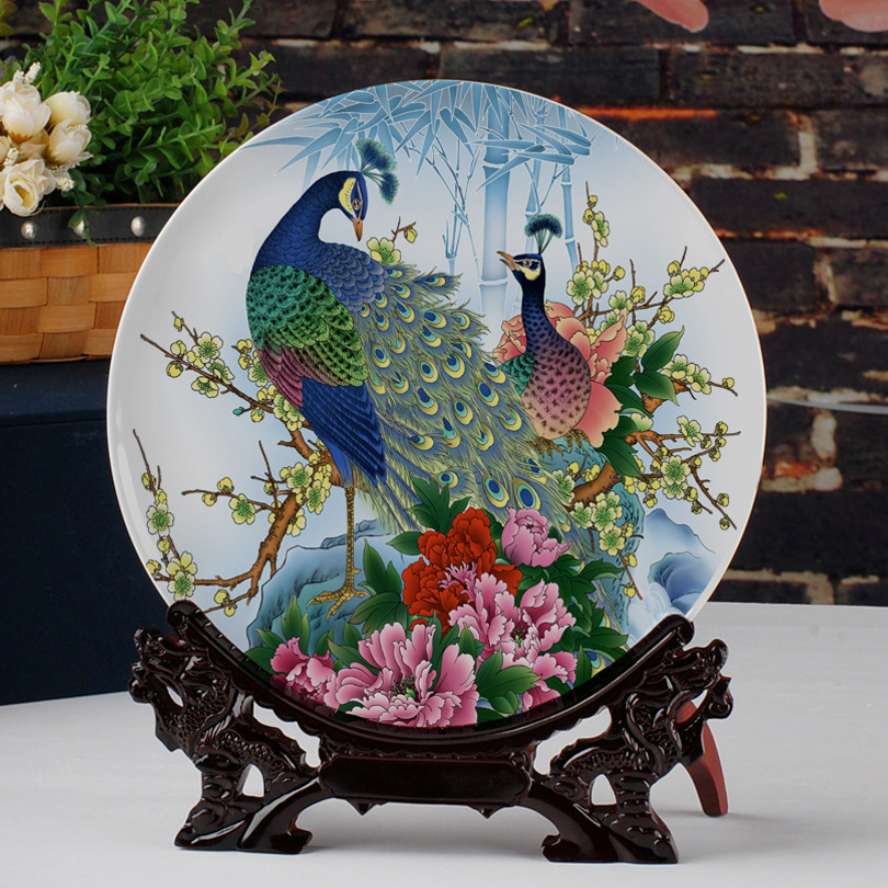 (2개) JINGDEZHEN 세라믹 공작 모란 장식 플레이트 홈 오피스 거실 TV 내각 유럽 창조적 인 공예