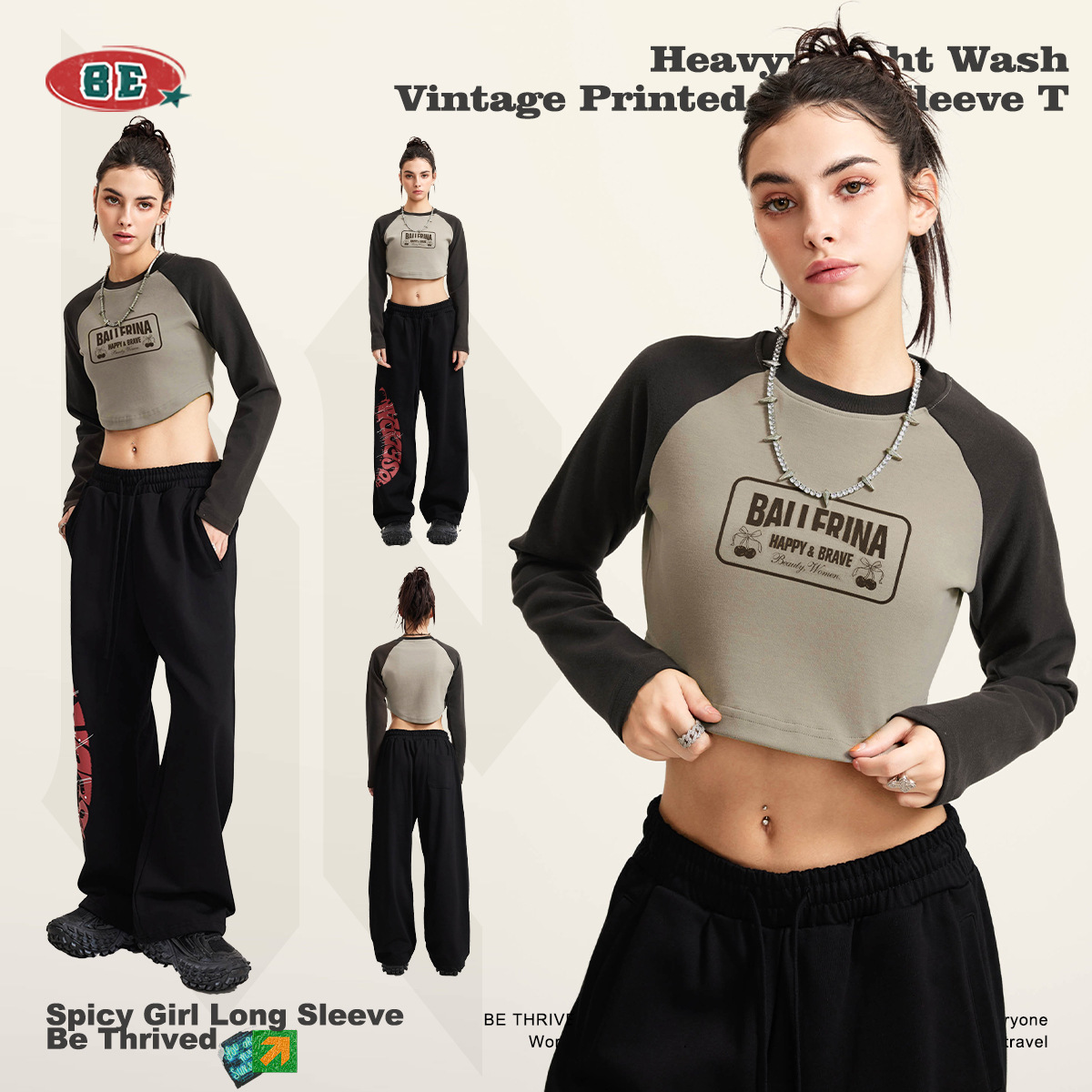 BE ropa de mujer | 2025 otoño e invierno retro americano marca de moda raglán estampado de contraste camiseta de manga larga chica caliente blusa corta mujer image 6