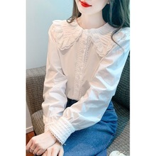 2025年春秋新款韩版娃娃领荷叶边雪纺衬衫女秋装甜美长袖上衣小衫