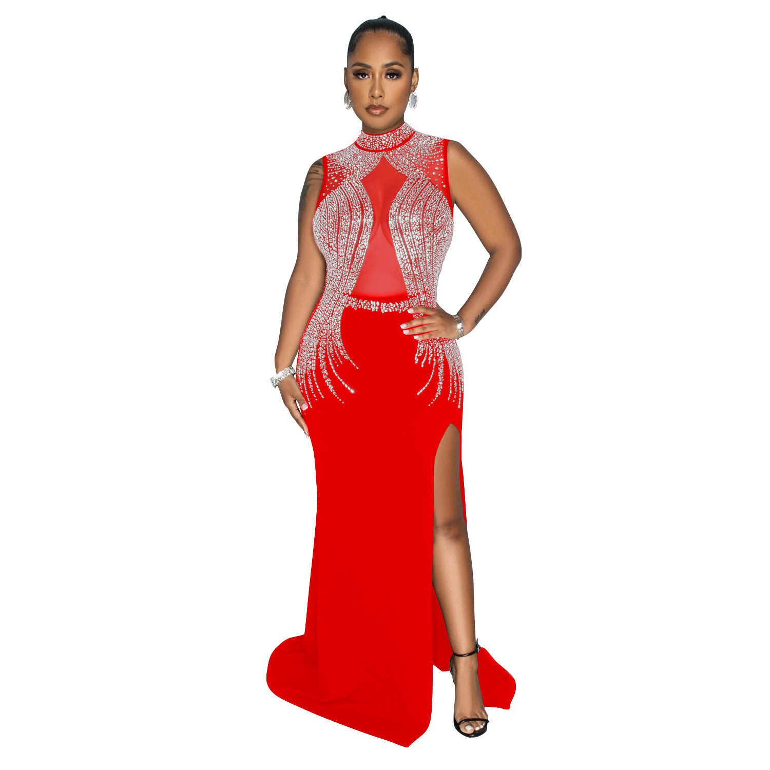 C6860 transfronterizo AliExpress Amazon de moda europea y americana de las mujeres de color sólido de malla de diamantes de imitación vestido partido vestido