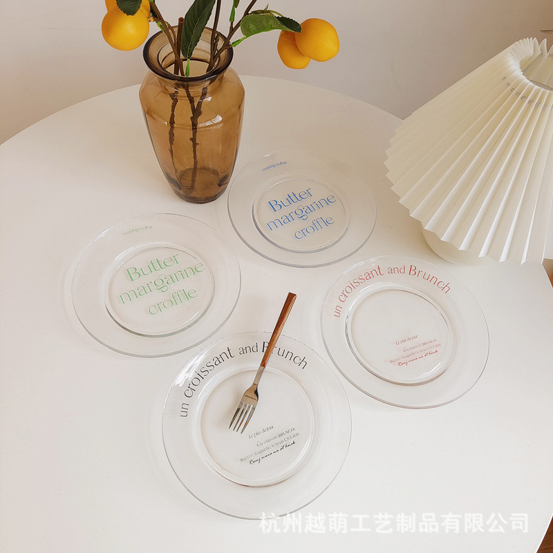 Han Feng ins French Style Simple English Letter Printing Transparent Glass Breakfast Plate Dessert Plate Diet Salad Plate