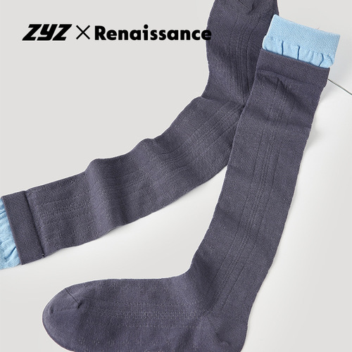 Renaissance original women's socks spring and summer black vertical striped mid-calf socks with contrasting color ribbed boneless calf socks