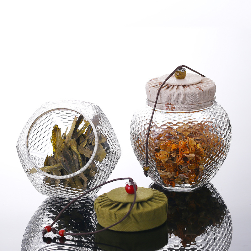 Patrón de martillo creativo tarro de té de vidrio al por mayor tarro de almacenamiento de vidrio borosilicato tarro sellado transparente tarro de almacenamiento de granos