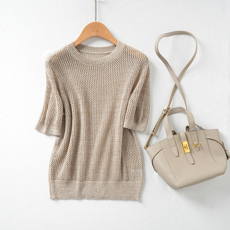 Bc Same Style Accessible Luxury Cool Tencel Linen Retro Cut Out Knitwear Women's Summer Thin Short-Sleeved Sequin Round Neck Top