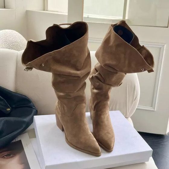 Song Xixi 2024 New European and American Spice Girls Boots Oversized Barrel Heap Boots Thick Heel Pointed High Heel Slim Knight Boots