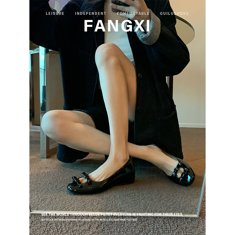 羊皮版法式小個子內增高平底單鞋女淺口蝴蝶結芭蕾鞋方頭瑪麗珍鞋