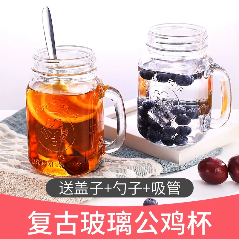 Бытовая чашка для сока, чашка для воды, стеклянная чашка с петухом, банка Мейсона, креативная чашка с ручкой и крышкой из нержавеющей стали