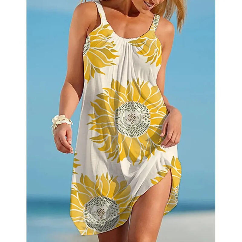 Foreign trade cross-border cross-border new sunflower Europe and the United States beach women's dress sunflower 3D digital printing sexy hanging