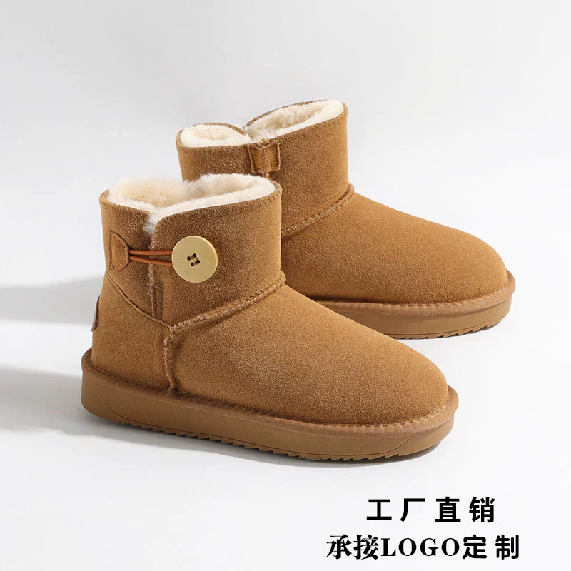Зимние женские сапоги из коровьей кожи 2025 года, новые, морозостойкие и теплые, короткие сапоги на деревянной пуговице, снежные хлопковые ботинки для женщин 3352