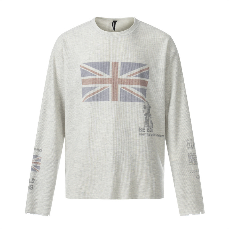 European and American Retro Men's T-Shirt, Men's Round Neck Ripped Print Trendy Brand Loose New Style Versatile Long-Sleeve Top for Men