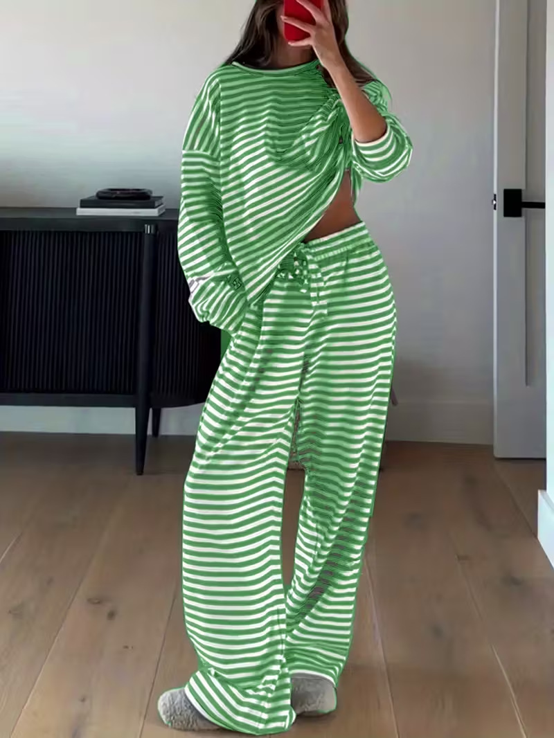Spring Striped Casual Two-Piece Set: Long-Sleeved Top and High-Waisted Pants