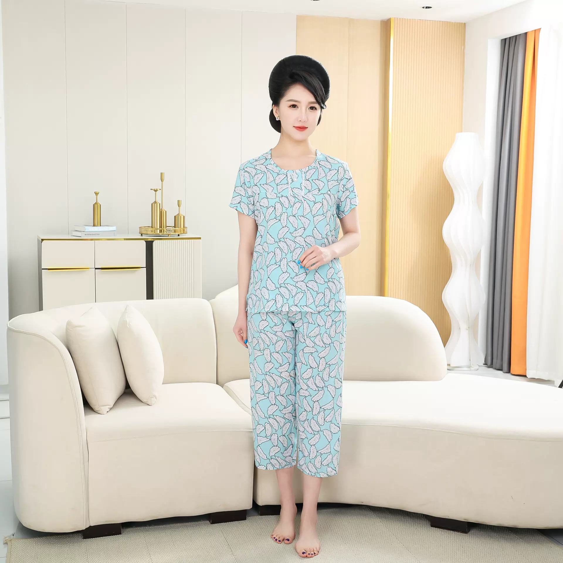 夏季空调服中老年短袖家居服套装妈妈装休闲服加大码四十支纱直销