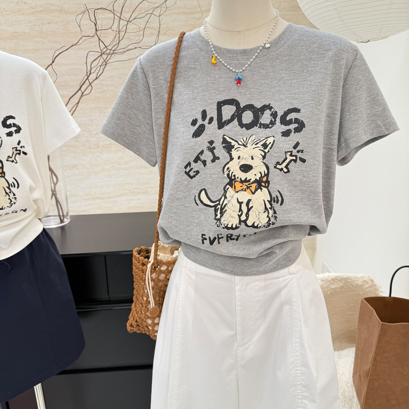 韓国の新しい夏スタイルのかわいい子犬の漫画プリント半袖Tシャツ、フェミニンでスリムなラウンドネック、多用途のトップス|undefined