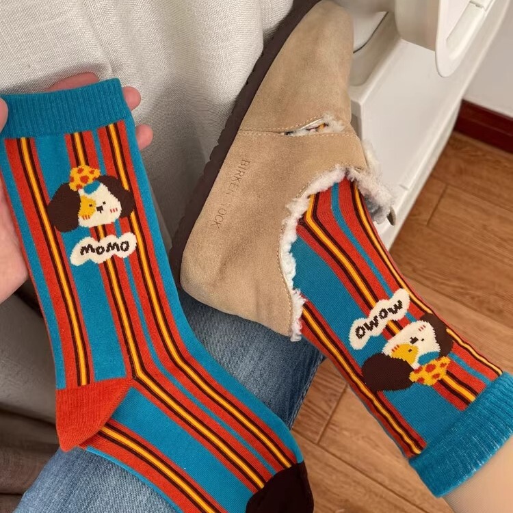 Cotton mid-calf length socks for women ins fashion British diamond-shaped Plaid cat bear funny illustration personalized sweet cool stockings