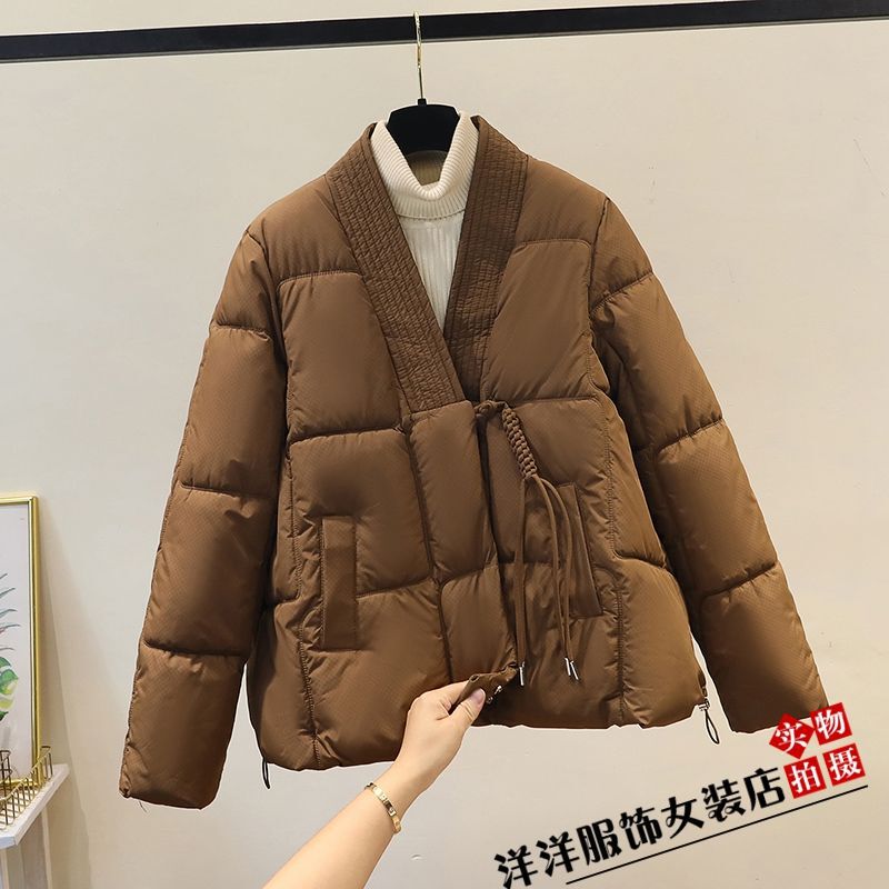 2025冬新中式国风V领设计感减龄棉袄大码宽松网红棉服羽绒棉衣女|undefined